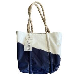 NWT Sea Bags Maine Handbag Recycled Sail Navy Blue Stripe Map Interior NEW $180